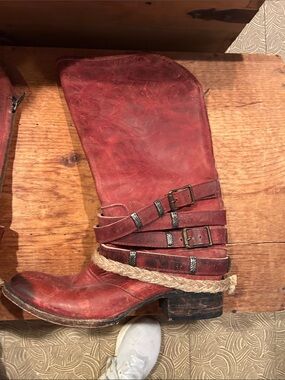 Freebird by Steven Red Leather Buckle & Rope Mid-Calf Boot